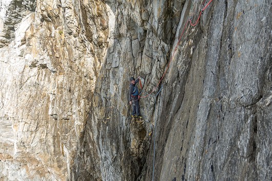 Andy sniggering at the potential for a big fall that he has left me on the final pitch  © Rob Jarratt