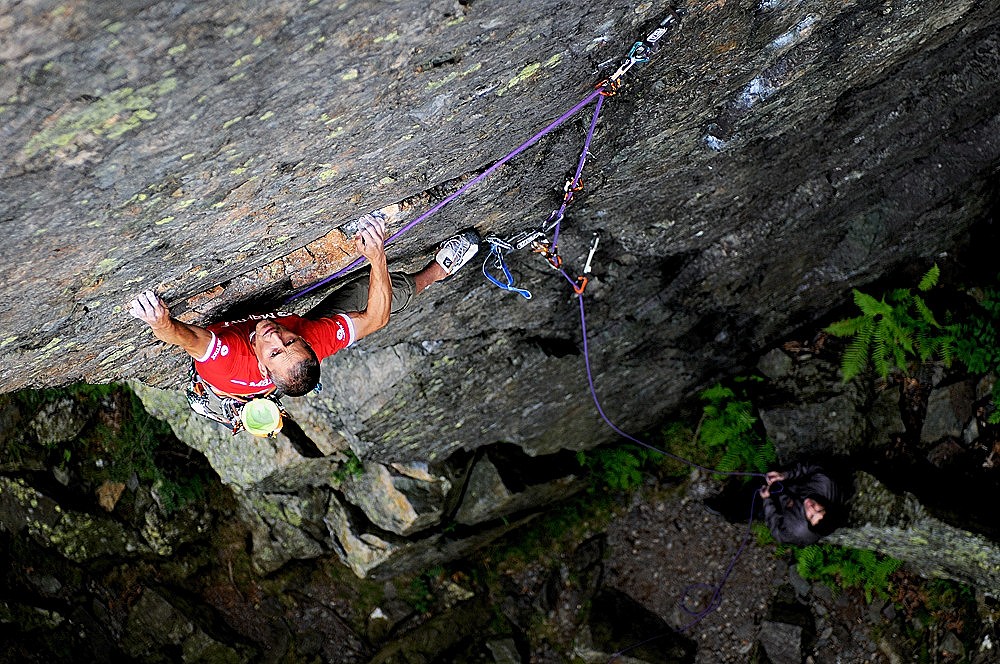 The author on Hell's Wall (E6 6c) at the Bowderstone Crag  © Keith Sharples