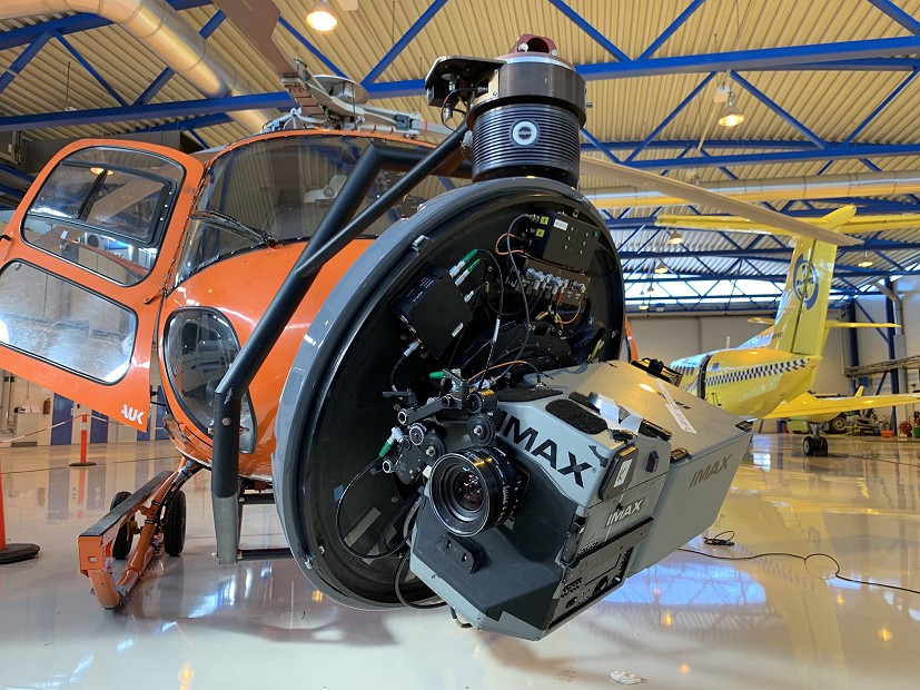Cinematic geekery: IMAX camera mounted to a helicopter.  © Charlie Woodburn
