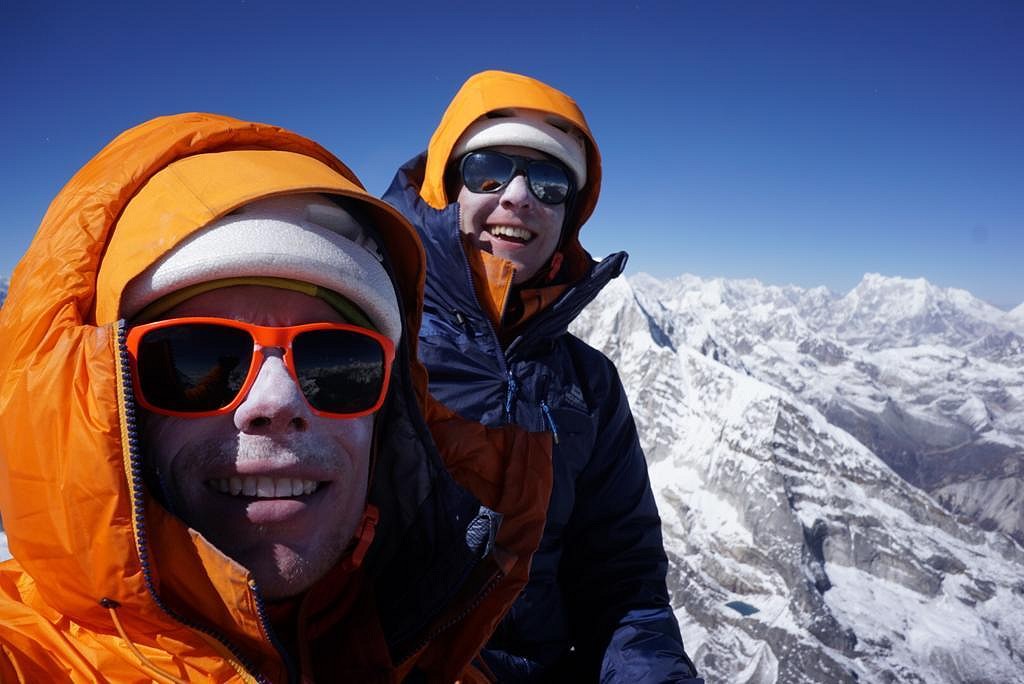 Tom and Matt take a selfie during their first ascent of the North-East Pillar of Tengkangpoche.  © Tom Livingstone