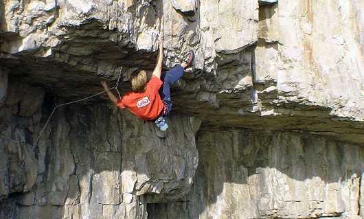 Pete Scott climbing his first 7c - and what a beauty!!  © JIMBO