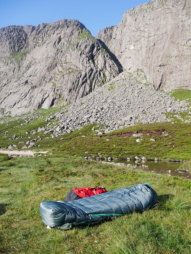 Bivvying at Creag an Dubh Loch in summer. The width of the Questar can spill over a mat such as the Prolite Apex  © UKC Gear