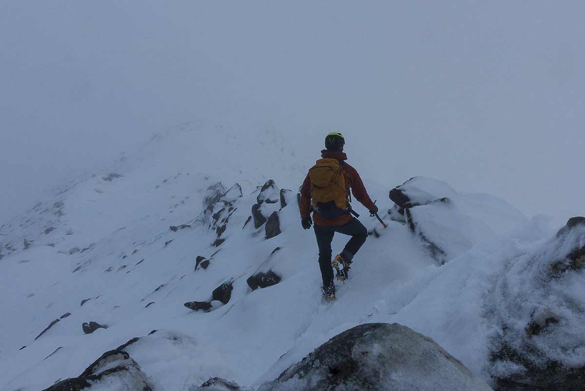 A hostile day of wet snow and high wind, but I'm comfy in the Valen 4S (plus leggings and gaiters)  © Dan Bailey