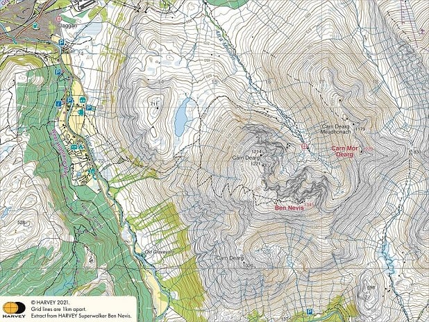 This extract from the Harvey Superwalker map shows Ben Nevis in its wider context  © Harvey