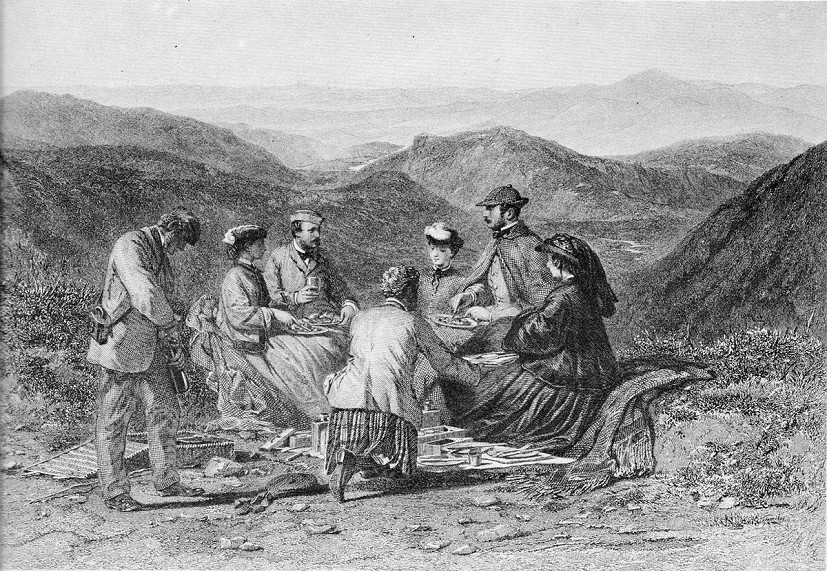 Picnic above Caenlochan: 'don't step backwards' Her Majesty suggests  © Carl Haag, engraved Jas. Stephenson