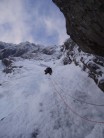 Perfect conditions, perfect day!. First pitch Point 5, Ben Nevis, Feb '05Climber Ollie.