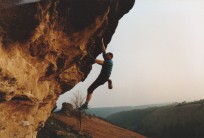 The late great John Allen, new routing in the 80s, somewhere on the NY moors (forgot the name off the crag!)