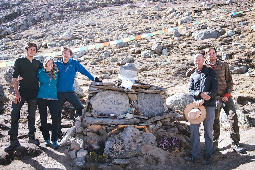 The Lowe-Anker family at the memorial for Alex Lowe and David Bridges below Shishapangma.   © National Geographic/Max Lowe