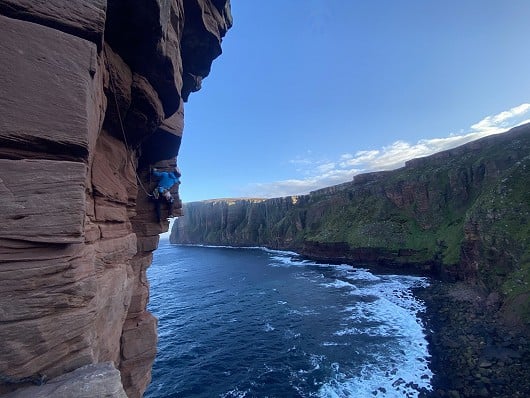 Dan on the crux pitch of the Old Man of Hoy   © thompsettjack