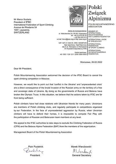 Letter from the Polish Mountaineering Association to the IFSC.  © UKC News