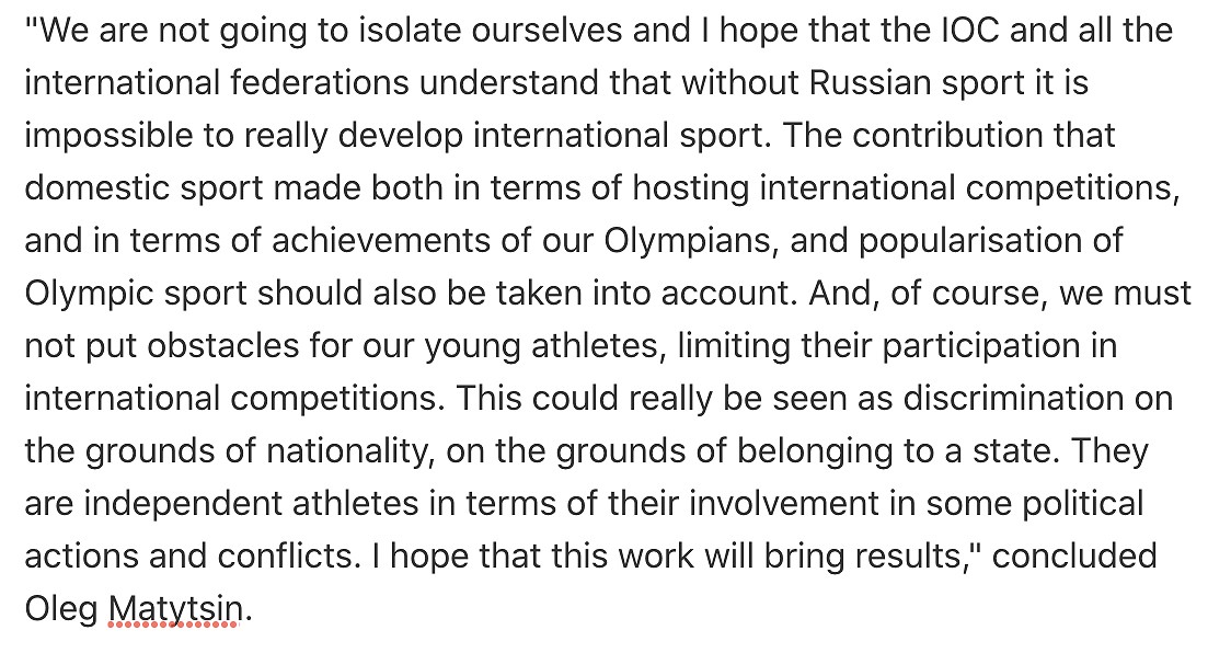Defensive comments from Russia's Minister of Sport Oleg Matytsin on 1 March.  © UKC News