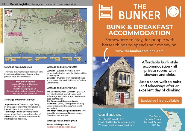 The Bunker full page advert in the Dorset guide as well as cross-referencing of advertisers on the map  © Rockfax