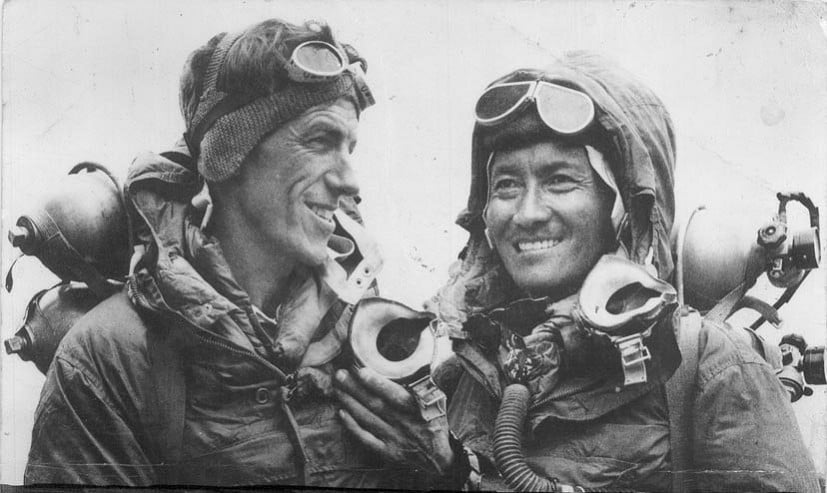 Edmund Hillary and Tenzing Norgay after their successful first ascent in 1953.   © Jamling Tenzing Norgay, CC BY-SA 3.0