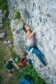 Ayesha on the crux of Shock of the New, 7b+ at Cheddar Gorge<br>© veronicamelkonian