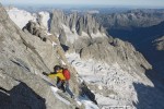 Connor Read climbing the summit blocks of Pointe Croz on the Grandes Jorasses Traverse (D)