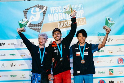 Men's podium: Milne, Flohé, Narasaki.  © Lena Drapella/IFSC