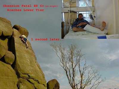 Kevin Thaw before and after his onsight attempt on Obsession Fatale (E8 6c), Roaches Lower Tier  © Airlie Anderson