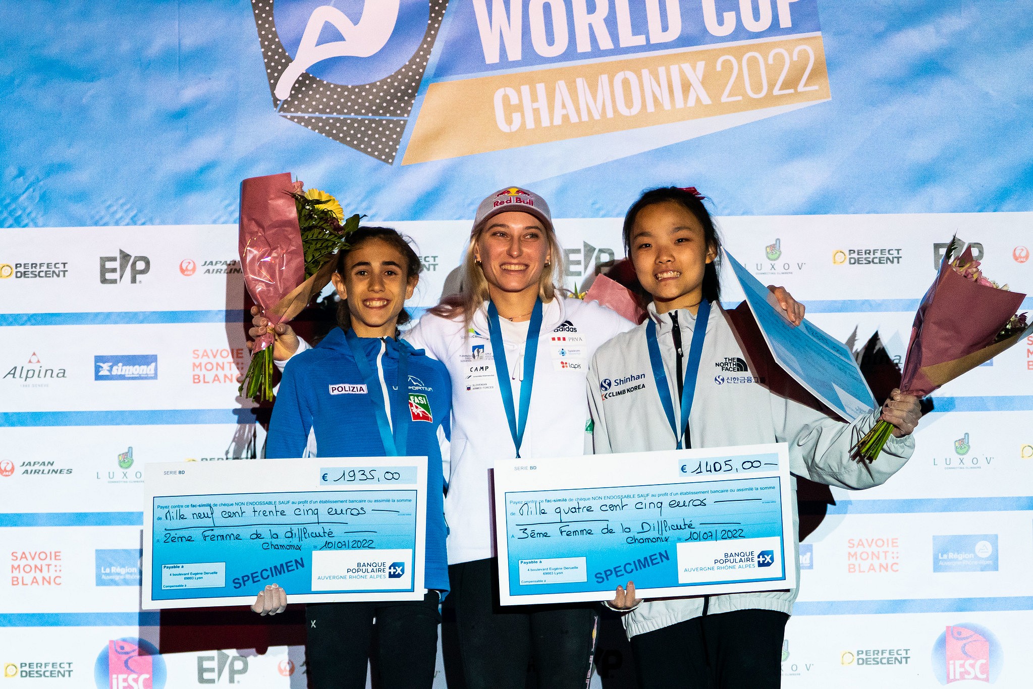 Women's Lead podium: Chamonix 2022.  © Lena Drapella/IFSC