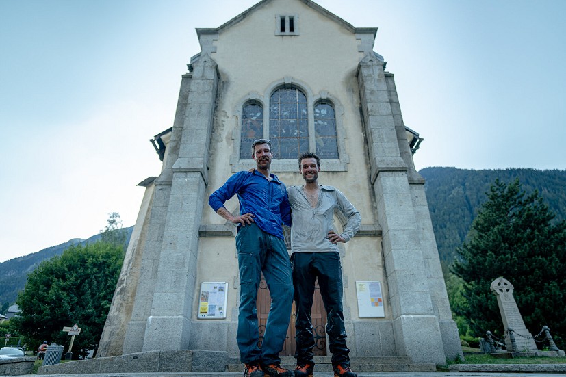 Fred and Benji at the finish of the UTMG, the Chamonix Church, showered in Champagne.  © Charley Radcliffe/@charley.radcliffe