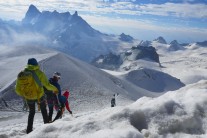 Descending from the Aiguille du Midi with the Dent du Geant and Grande Jorasses in the background