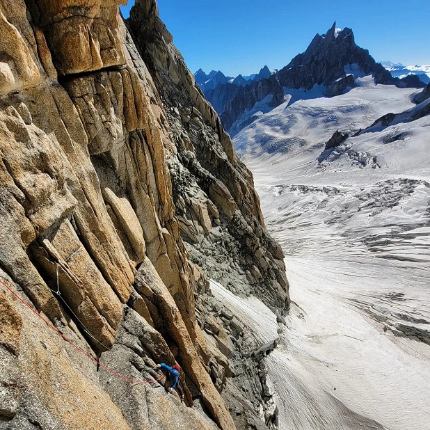 Dry conditions and a low glacier level below the Grand Capucin.  © Calum Muskett