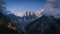 Last of the days light hitting the tops of the Grandes Jorasses in the Alps.