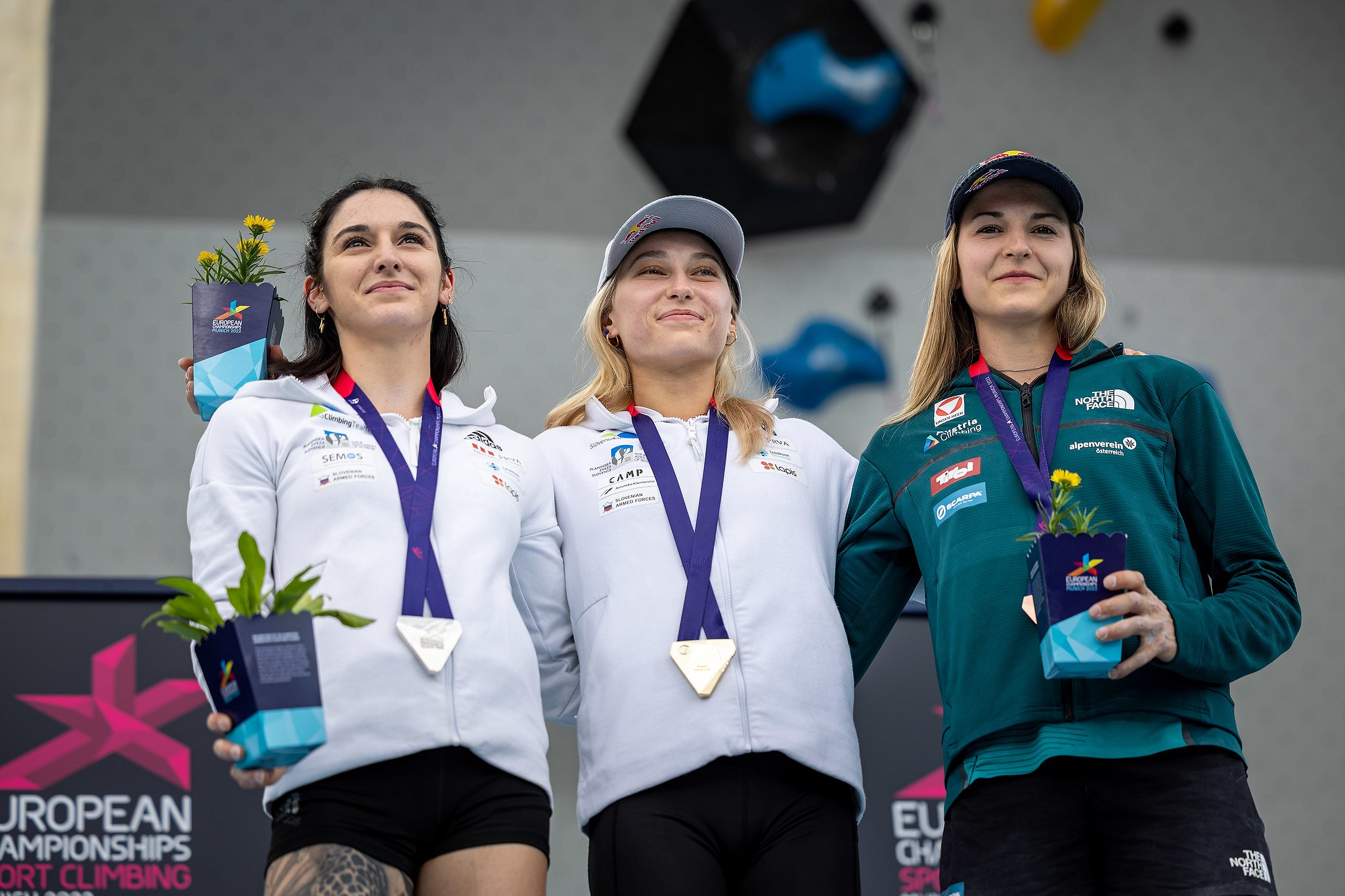 Janja Garnbret (SLO) earns her third gold of the competition in Combined, ahead of Mia Krampl (SLO) and Jessy Pilz (AUT).  © Jan Virt/IFSC