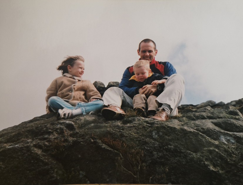 My dad, my brother and I on The Walnut Boulder, Baslow  © Millie Mason