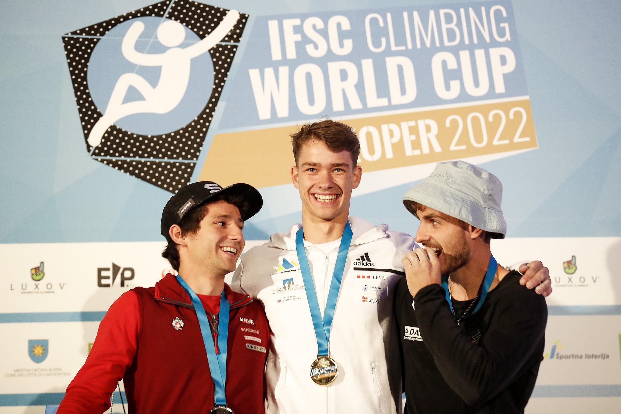 Men's podium, Koper.  © Dimitris Tosidis/IFSC