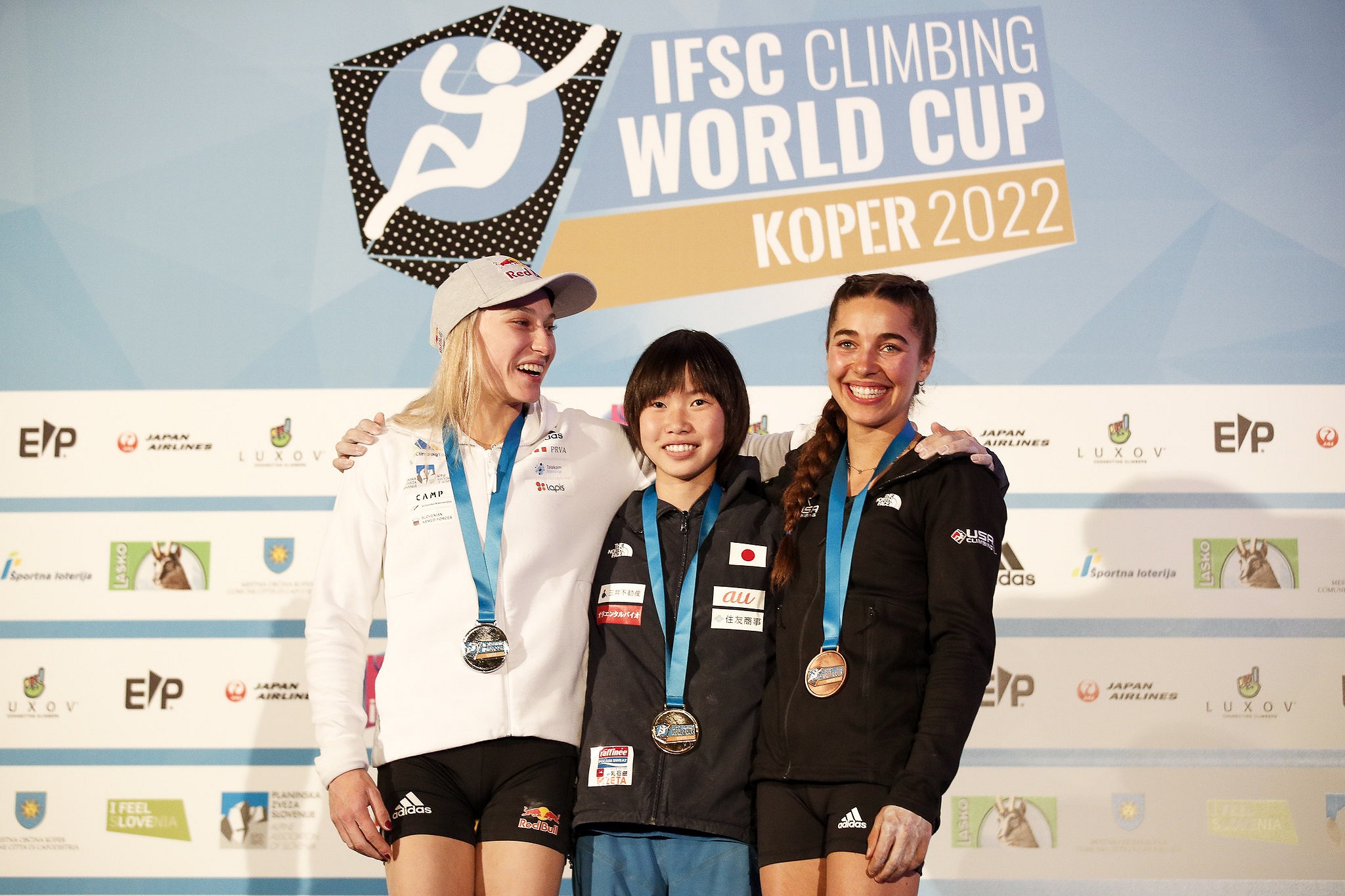 Women's podium, Koper 2022.  © Dimitris Tosidis/IFSC