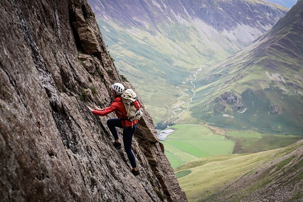 Anna Taylor soloing Slabs Ordinary on Grey Crag, Buttermere, the Lake District