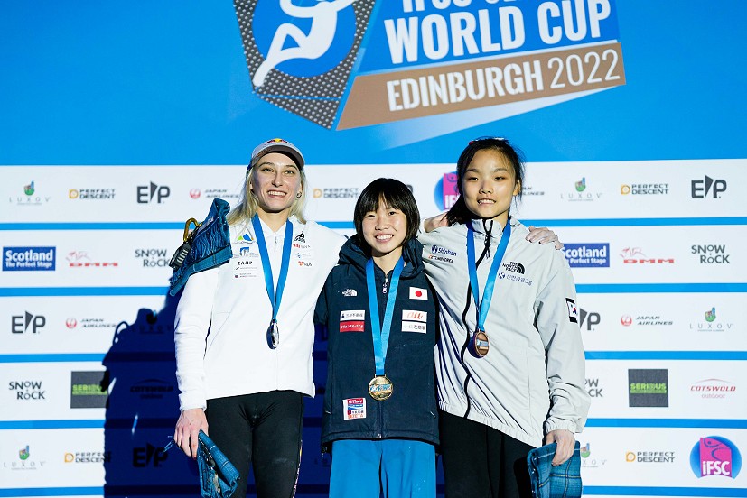 Women's podium, Edinburgh 2022.  © Lena Drapella/IFSC
