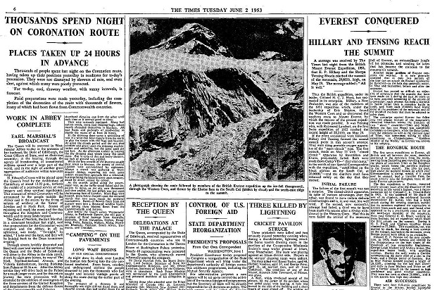 The Times announces the Coronation and first ascent of Everest.  © UKC Articles