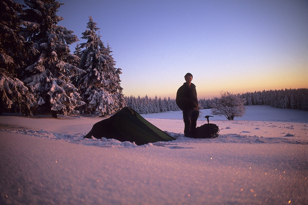 Winter camp along the Rennsteig trail in the mountains of central Germany, January 1998  © Andrew Terrill