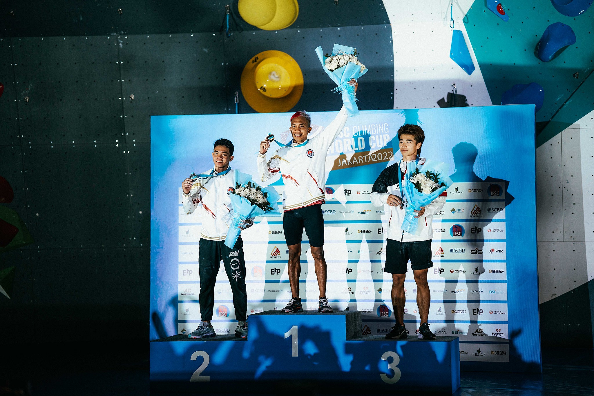 Men's Speed podium, Jakarta 2022.  © Lena Drapella/IFSC