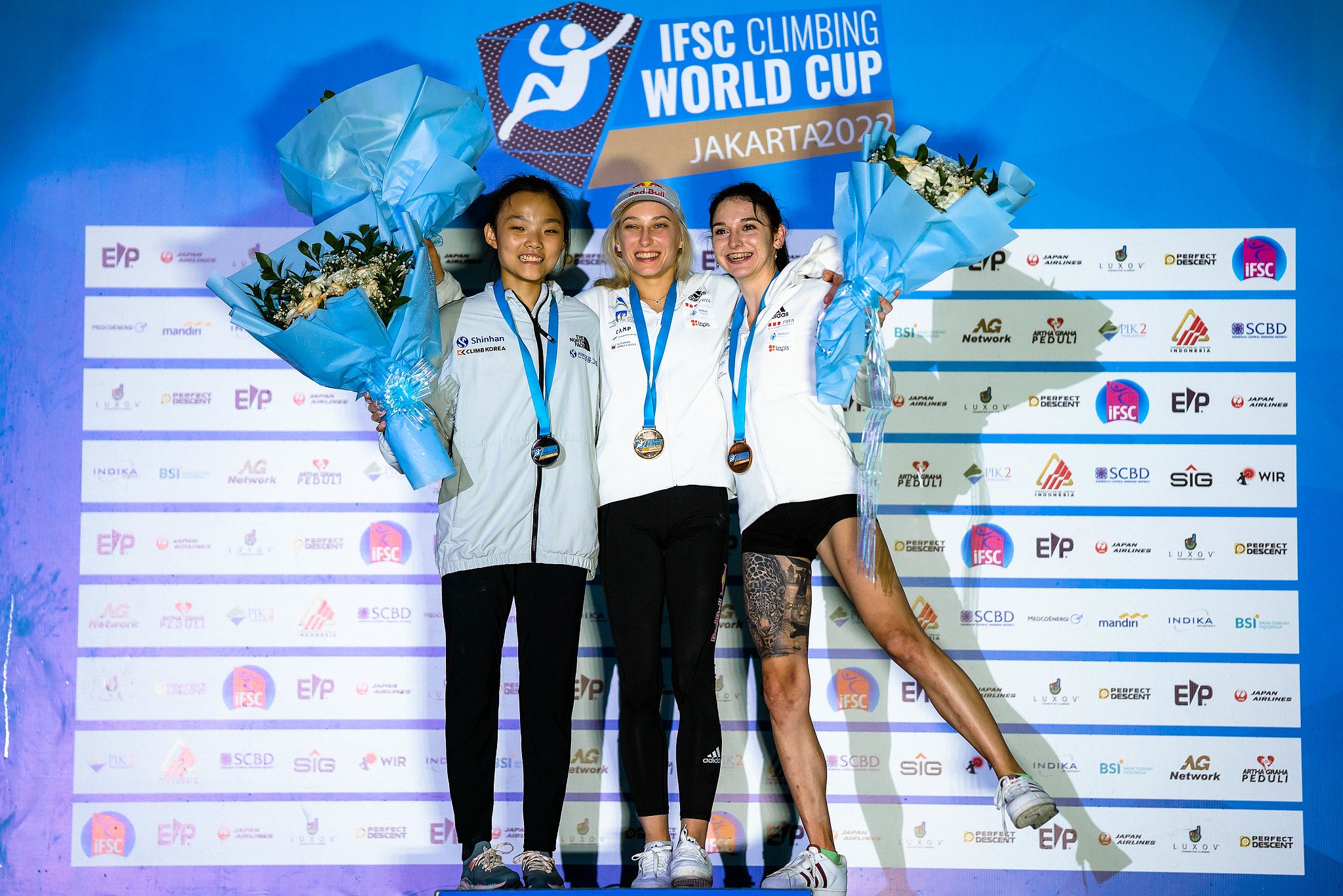 Women's Lead podium.  © Lena Drapella/IFSC
