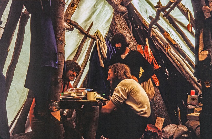 Base Camp in the Patagonia woods, Rouse, Whittle and Carrington  © Brian Hall