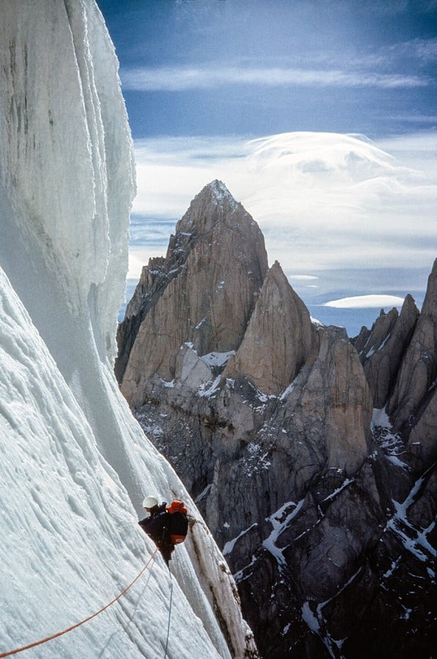 Whittle travesing steep snow on Standhardt with Fitz Roy behind  © Brian Hall