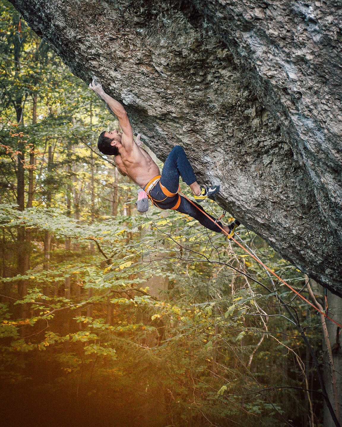Buster Martin on the steep, pocketed barrel of Action Directe 9a.   © Hannes Huch