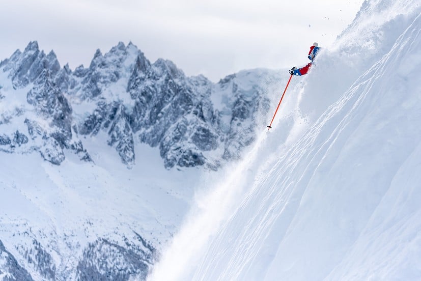 Fay Manners steep skiing in Chamonix, France.  © Olly Bowman