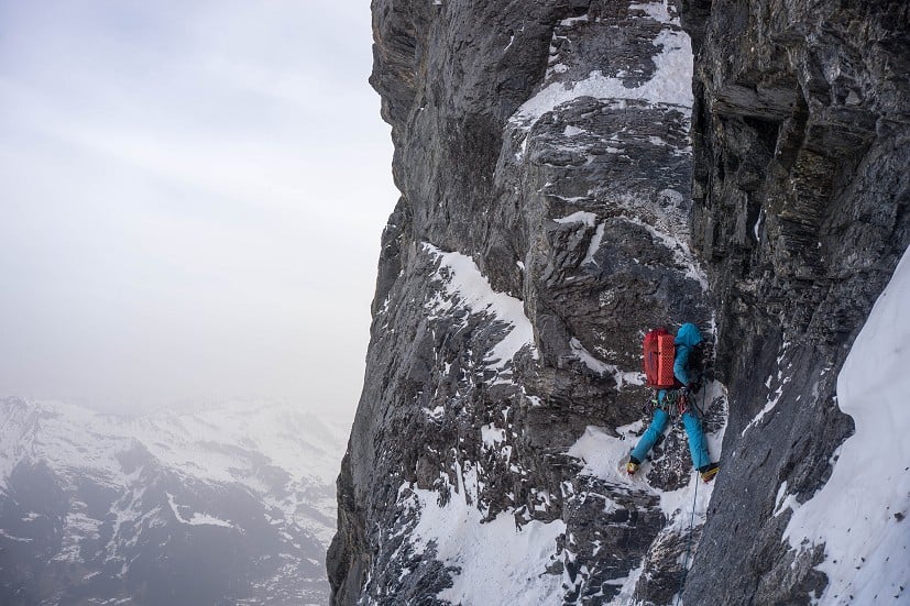Fay Manners climbing the Waterfall Chimney on the Eiger North Face.  © Line van den Berg