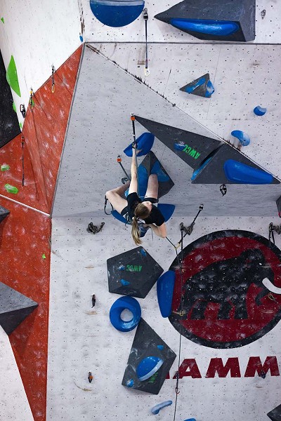 Erin McNeice relaxes in the roof before taking the win.  © Sam Pratt/GB Climbing