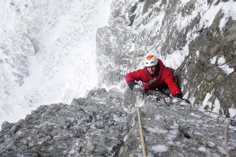 Tim Miller on the first winter ascent of Butterknife (VI,6) on the South Wall of Garbh Bheinn  © Jamie Skelton