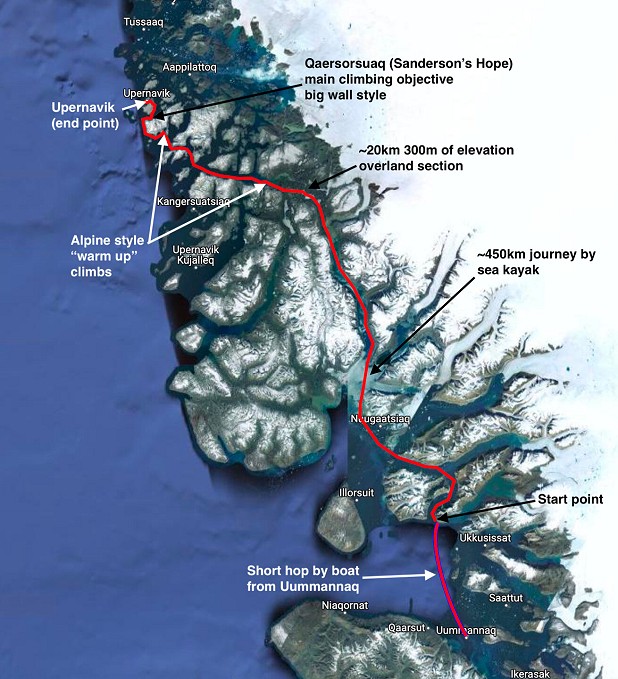 The route that the team took across Greenland  © Jacob Cook and Bronwyn Hodgins