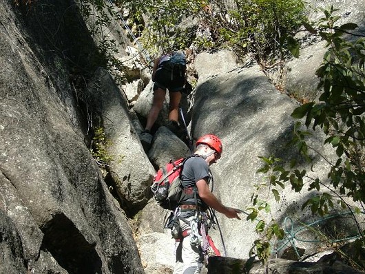 Baz O'loughlin descending Pitch one of Regular Route (5.4), Sunnyside Bench, Yosemite Valley.  © slwhaley