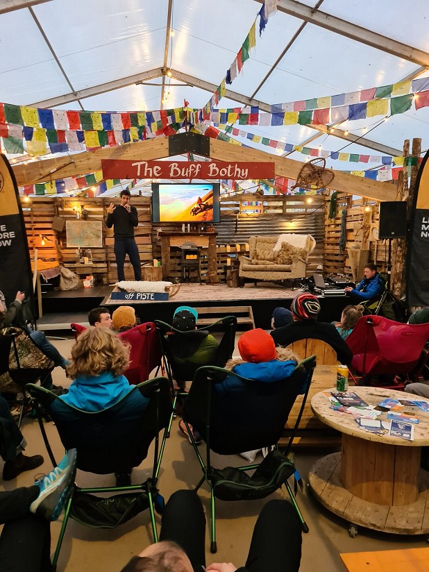 Jacob Cook talks about his recent Greenland expedition on the Buff Bothy stage.   © Natalie Berry