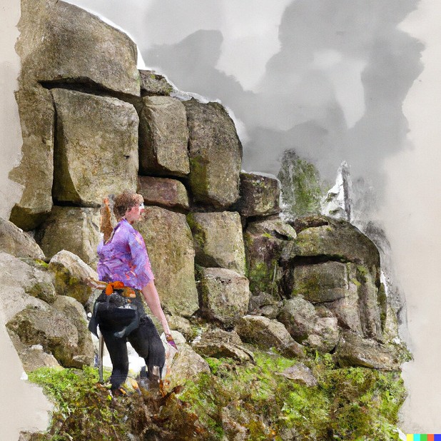 A watercolour painting of a climber at Stanage Plantation.  © DALL.E