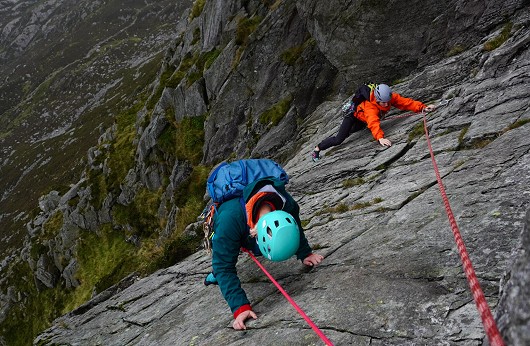 A cold and drizzly ascent of Grooved Arete on Tryfan.  © Matt Cooper