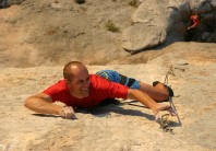 Adrian making a desperate clip on his new route Spartan Wall (F8b+) on Kalymnos