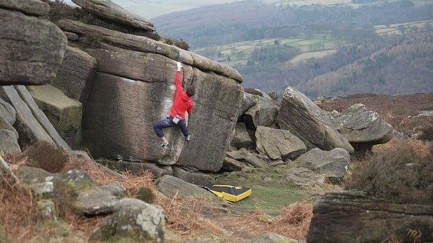 The Casaval Hoodie in use on Golden Arete (6B), Over Owler Tor  © UKC Gear